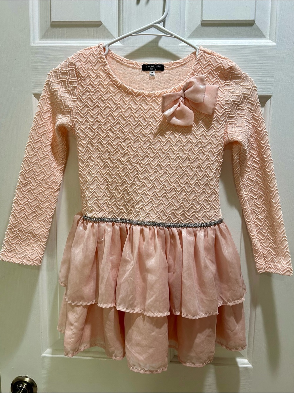 Tahari Girl Pink Chevron Textured Long Sleeve Dress Size 6X Party Holiday Bow